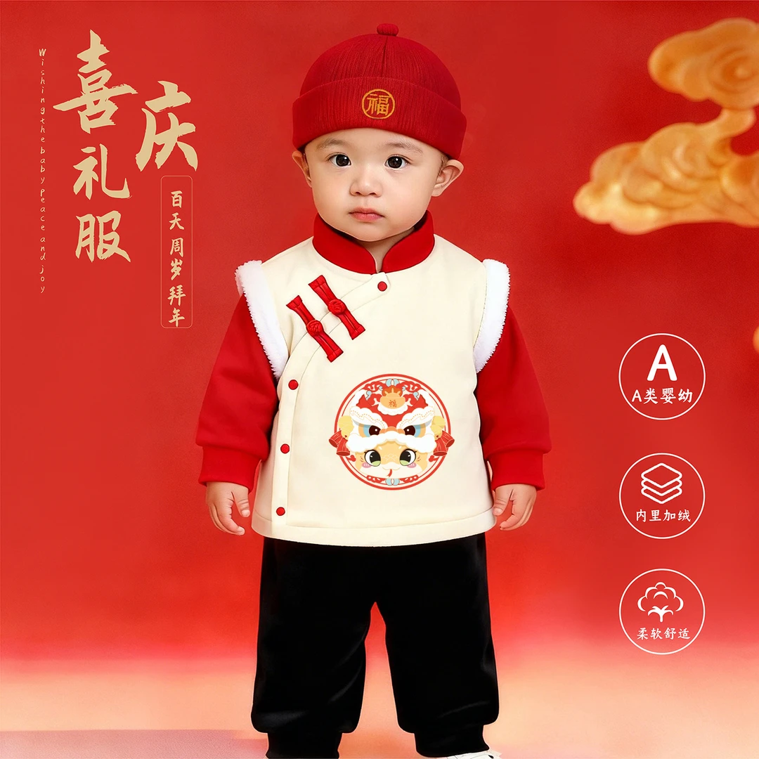 周岁宝宝服装平常可穿中国风加厚过年拜年男女童冬季加绒百天套装