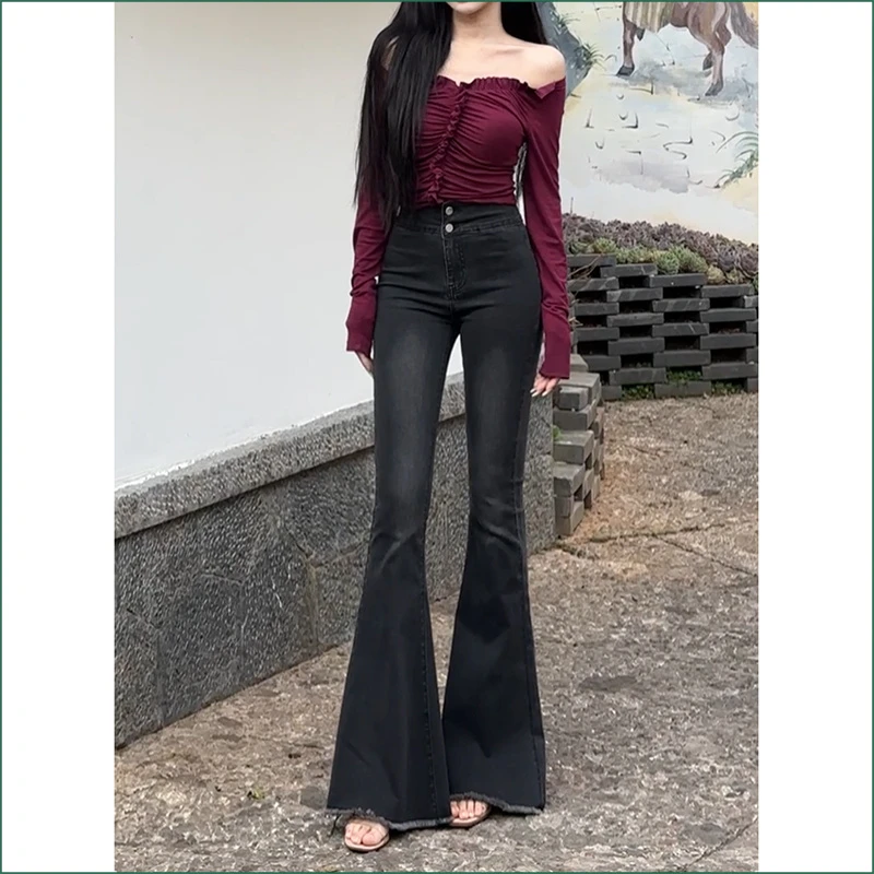 高腰毛边牛仔裤女2025年夏季新款修身显瘦显高弹力鱼尾喇叭长裤