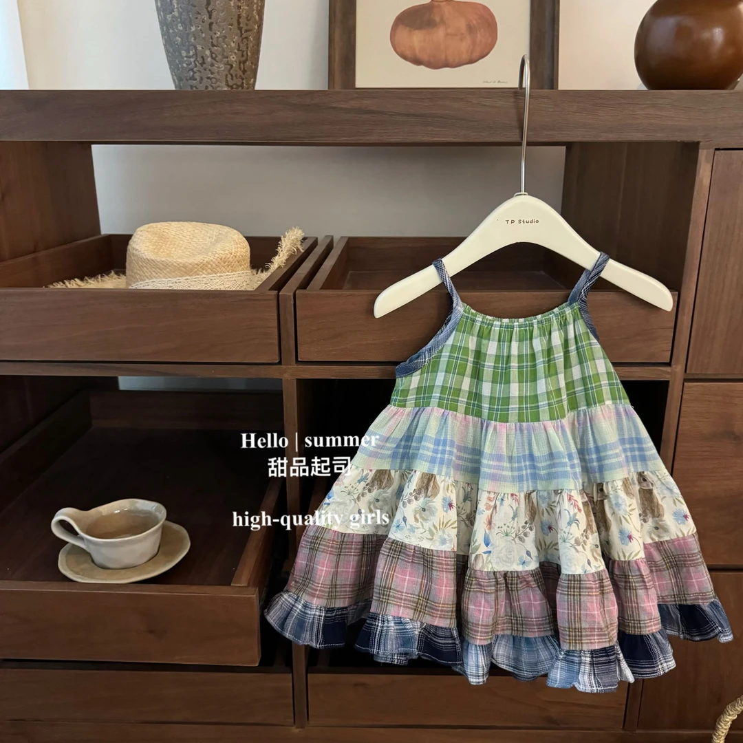 【甜品起司】法式小兔！女宝宝复古拼接格子波西米亚度假洋气吊带裙