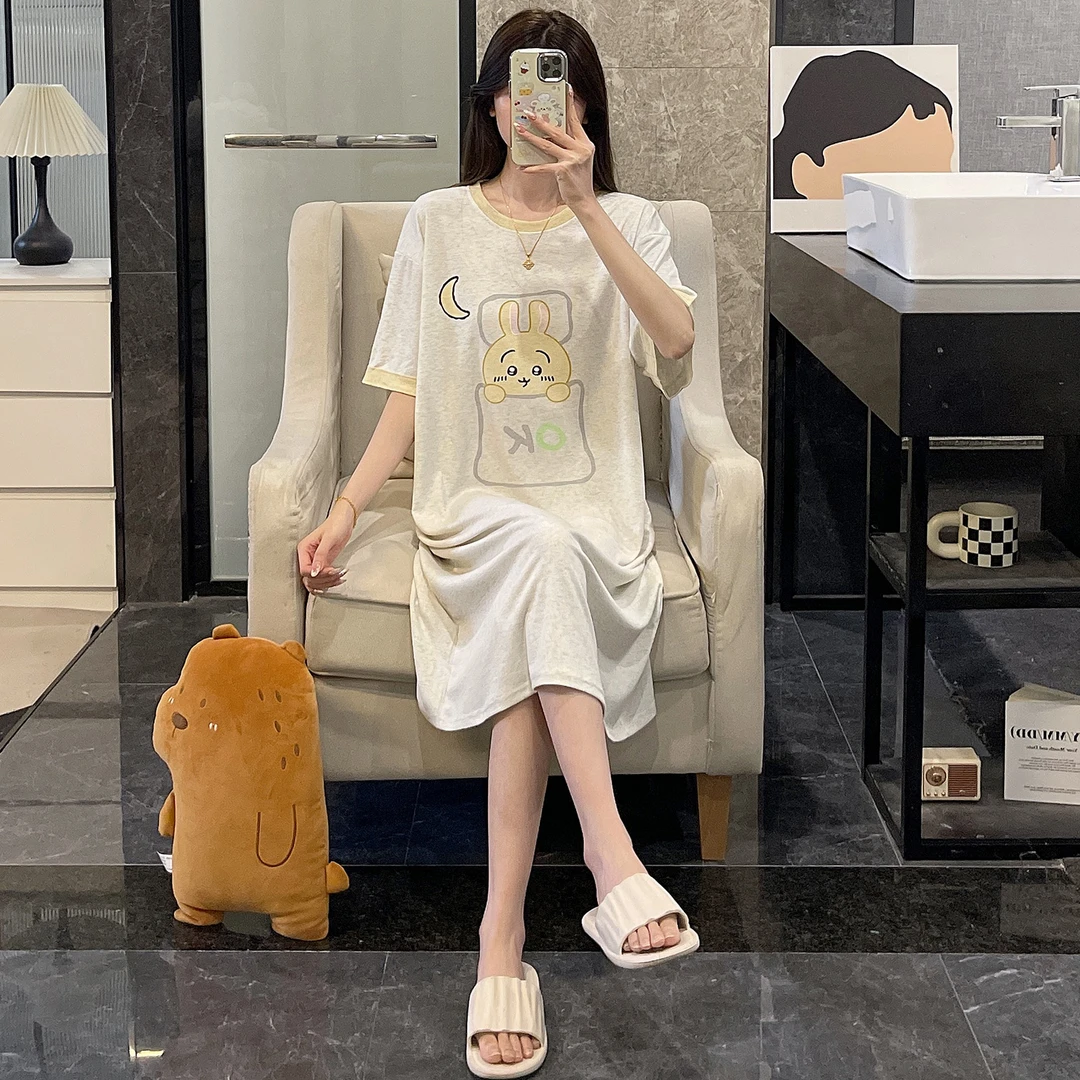 睡衣睡裙女夏季网红风大码短袖凉感可外穿卡通可爱兔子薄款家居服