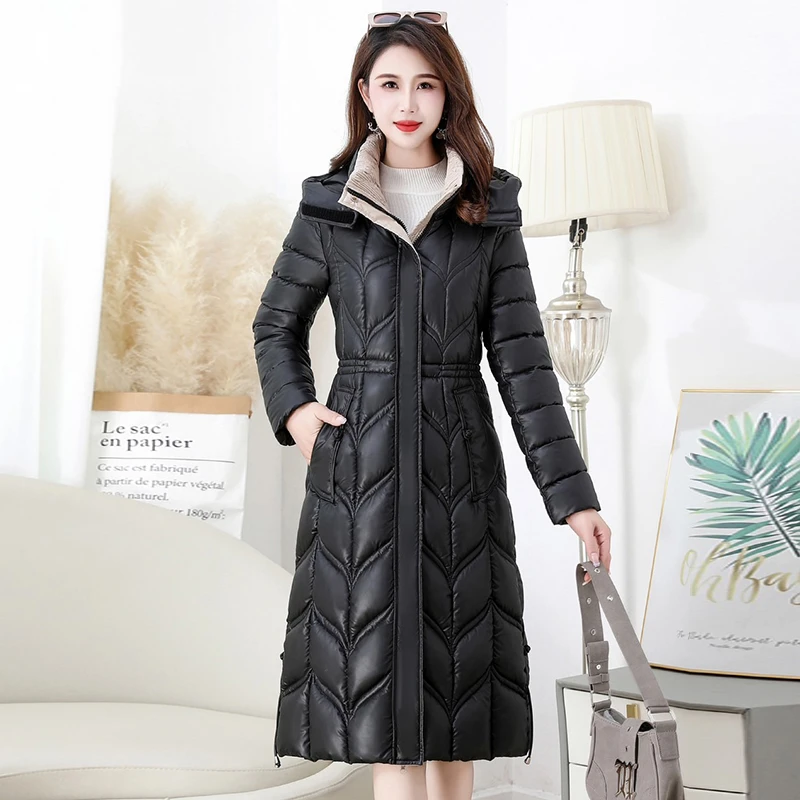 高档上档次软皮棉衣棉服女2024冬装修身长款显瘦气质妈妈棉袄外套