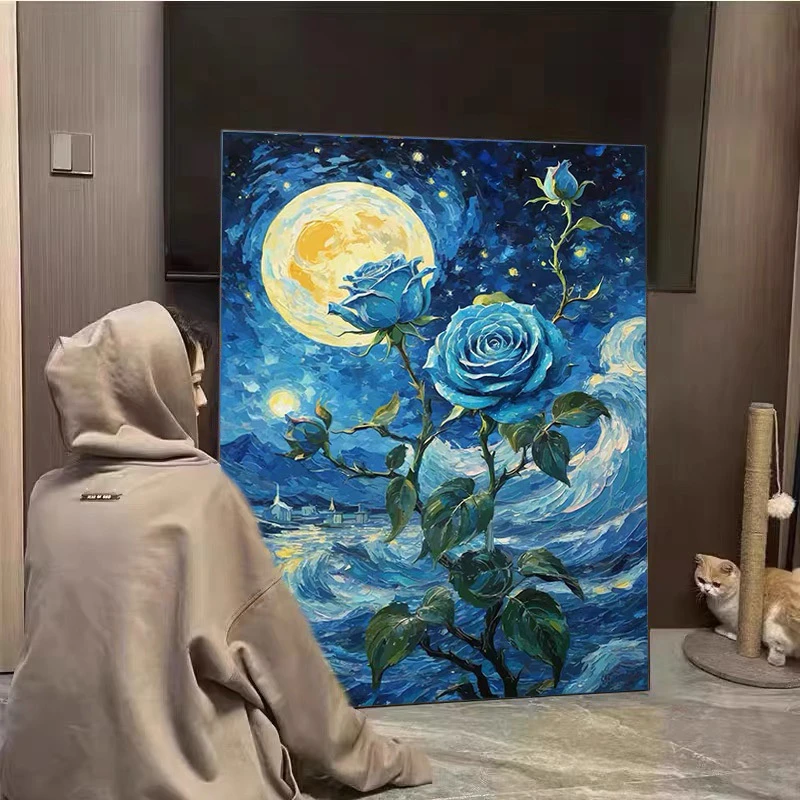 梵高星空妖姬钻石画满钻2025新款蓝玫瑰花卉钻石绣手工diy点贴砖