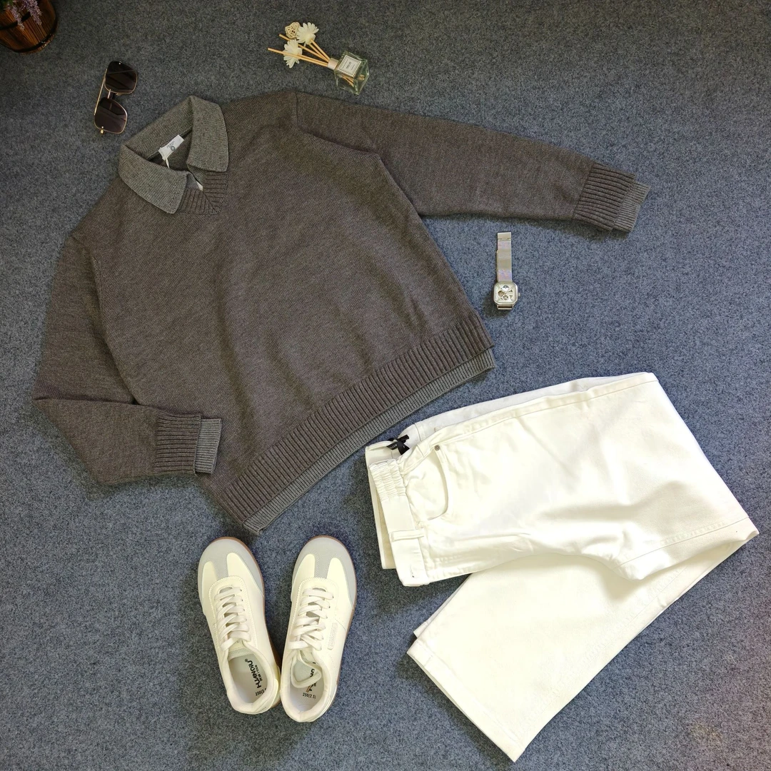 老钱复古假两件v领翻领毛衣 高级针织衫上衣慵懒风polo衫