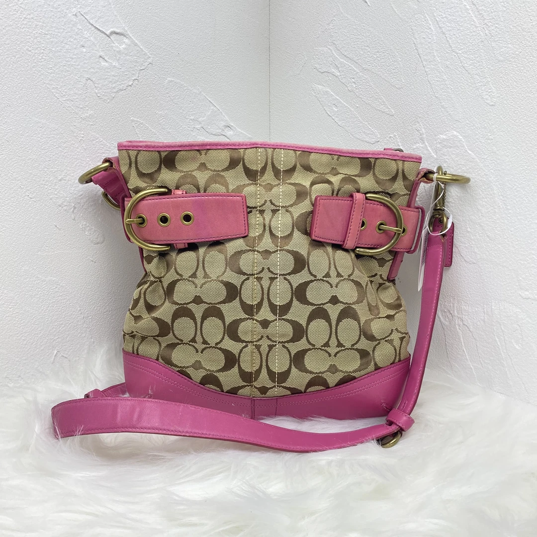 95新 COACH/蔻驰 经典老花帆布拼皮单肩斜挎包MM-80199