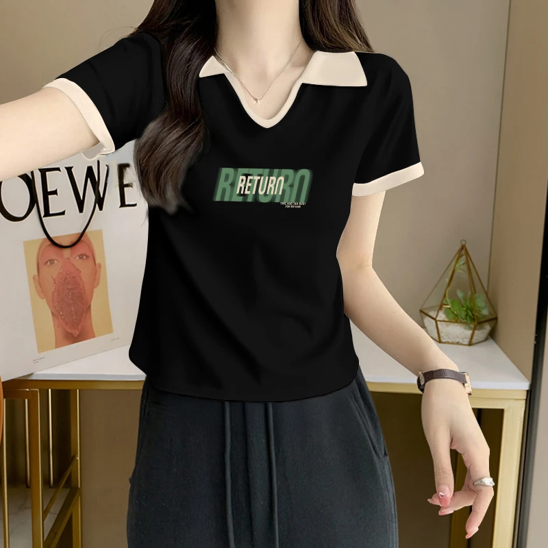 纯欲风辣妹修身显瘦短袖T恤女士夏季设计感撞色翻领洋气减龄上衣