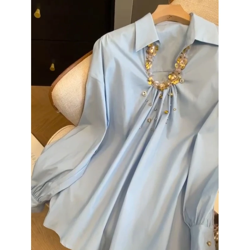 重工珠钉钻时髦翻领廓形休闲衬衫女2025春季新款气质百搭通勤上衣
