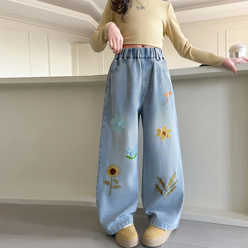 女童向日葵刺绣牛仔裤春秋季2025新款女大童阔腿裤儿童春季牛仔裤