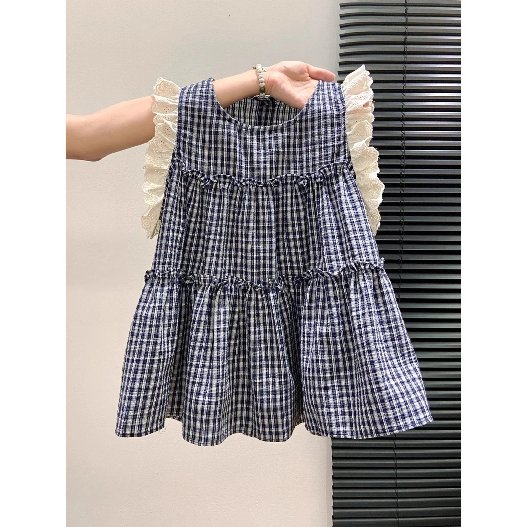 软妹复古格纹蕾丝拼接娃娃衫上衣女夏季小飞袖减龄设计感无袖衬衫