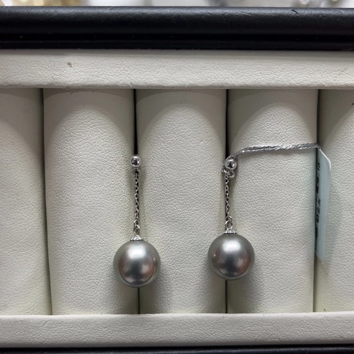 海水珍珠漏大溪地铂金灰风在吹耳线10-11mm18K金镶嵌