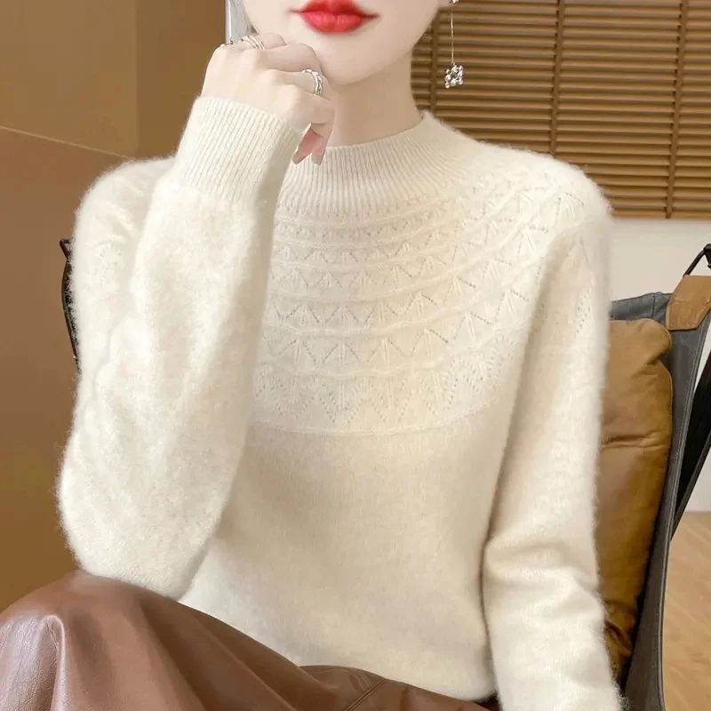 【一线成衣】秋冬新款半高镂空加厚宽松打底套头长袖毛衣