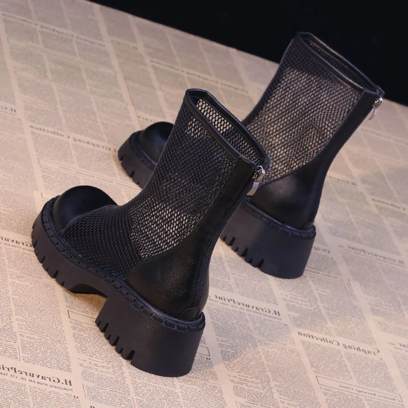 透气网纱短靴夏季新款百搭厚底粗跟马丁靴小个子增高凉靴英伦风