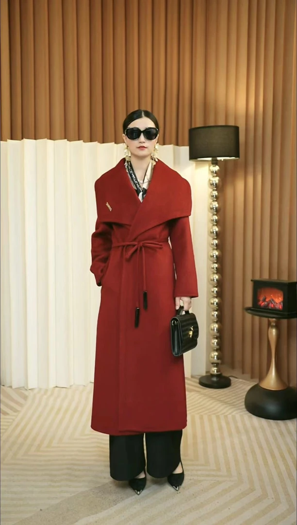 羊绒长毛大翻领气质轻奢收腰显瘦绑带长款外套秋冬双面呢羊毛大衣