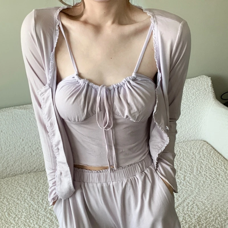 BELE ZHANG【白月光】夏季薄款舒适可调节肩带自带杯垫居家睡衣套装