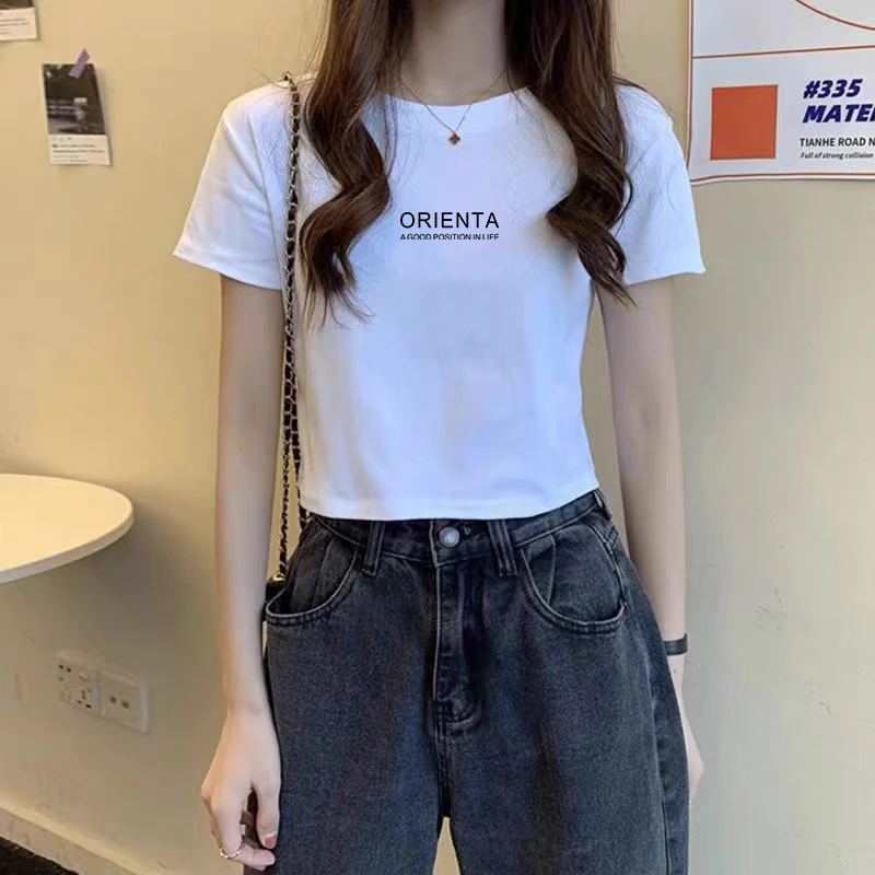 欧货白色夏季短款2025修身洋气短袖t恤女棉质正肩减龄上衣体恤潮