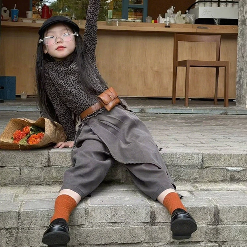 【安安家】女童韩版新款豹纹洋气上衣设计感纯色休闲裤两件套R25424