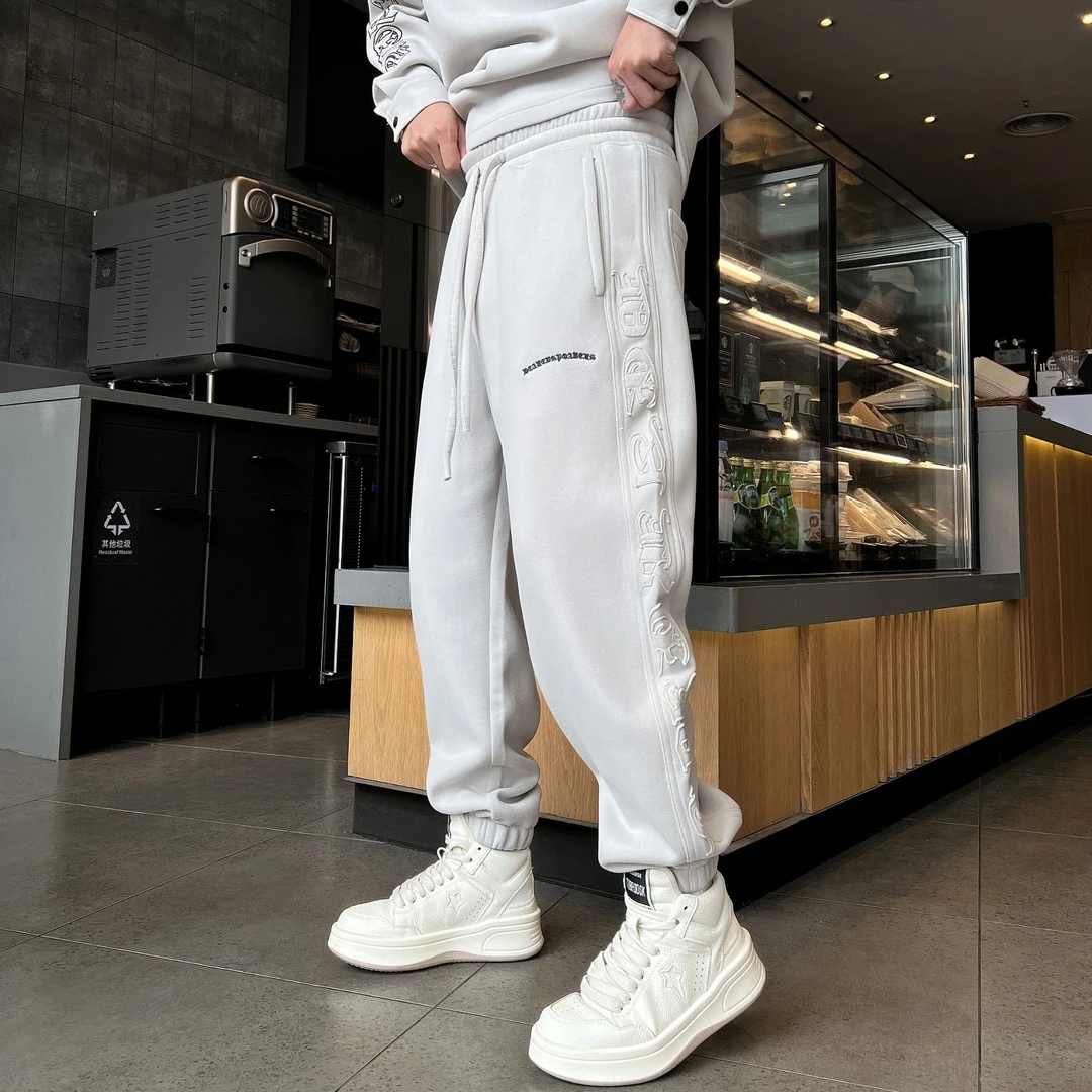 美式复古男士卫裤秋冬新款加绒加厚潮牌立体刺绣字母休闲百搭长裤