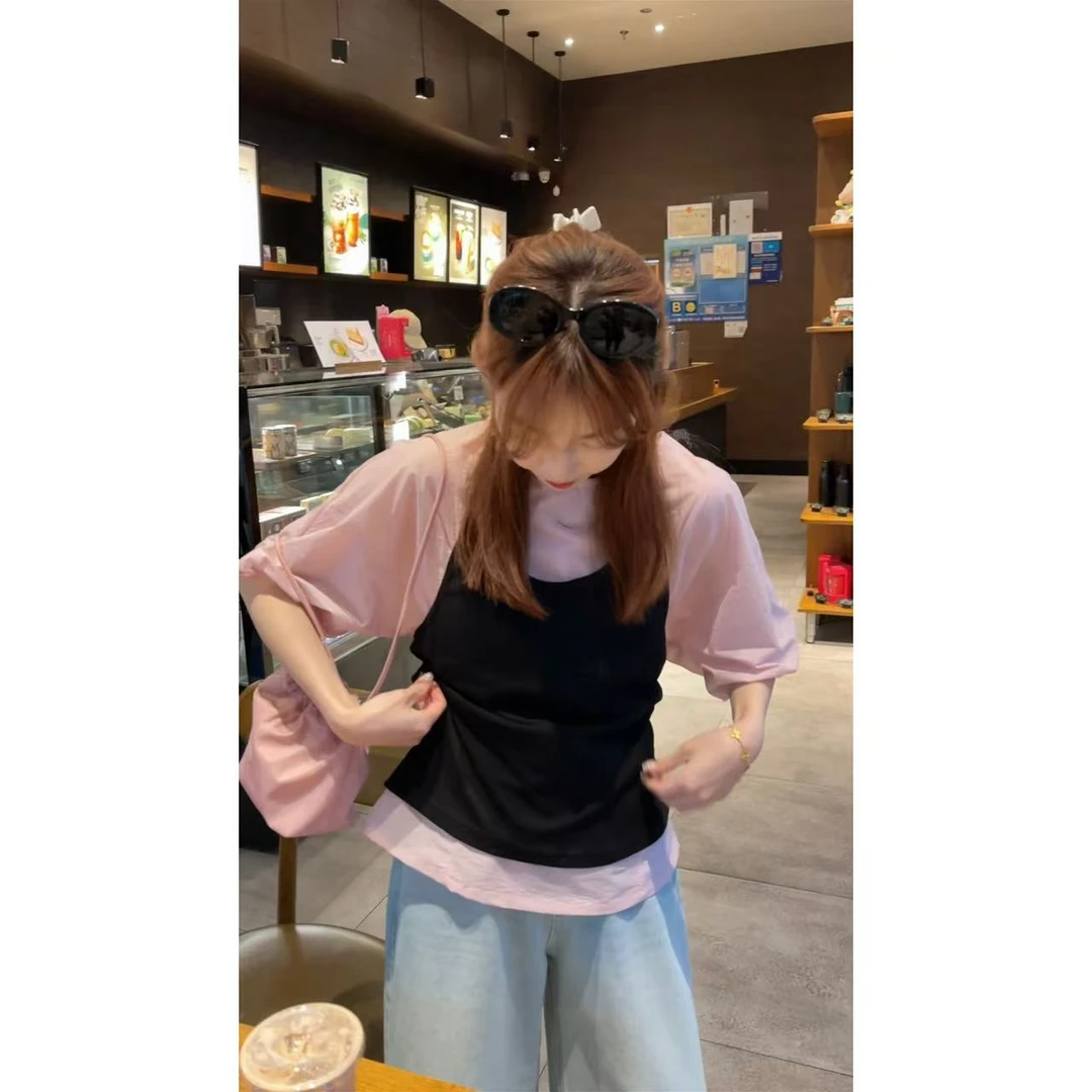 【清货款只出不进】设计感法式粉色泡泡袖衬衣+挂脖式背心两件套