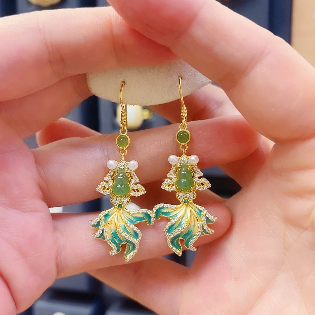 和田玉银S925镀金镶嵌耳饰