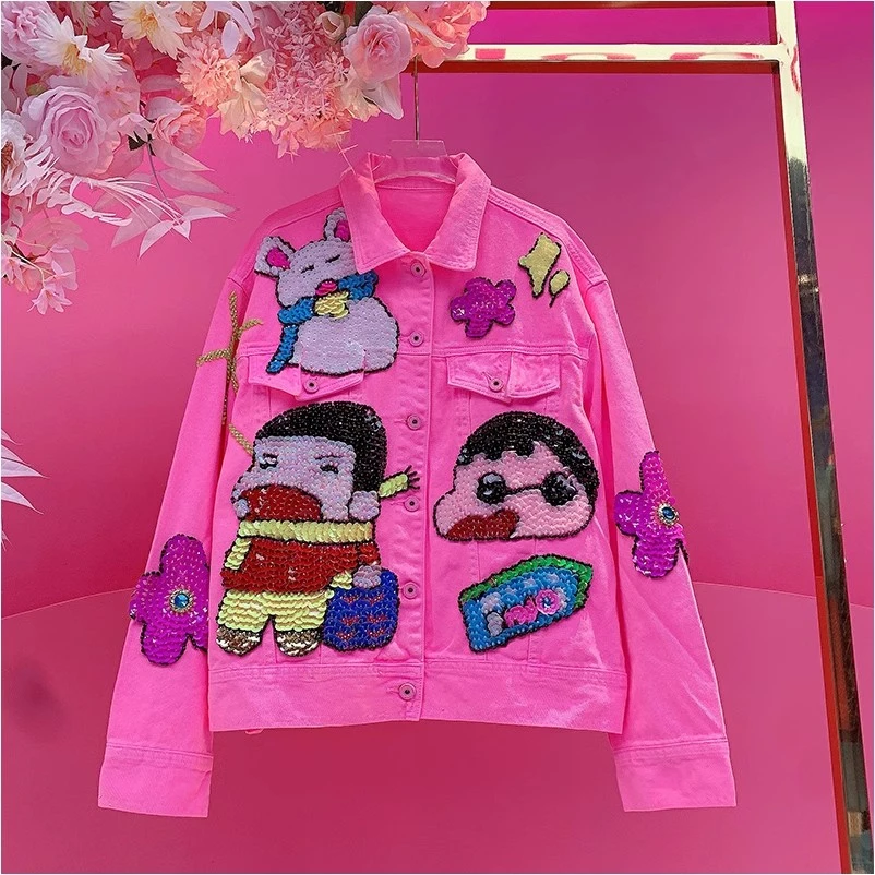 QD1206欧美设计师2025早春新款重工刺绣亮片卡通蜡笔小新牛仔外套