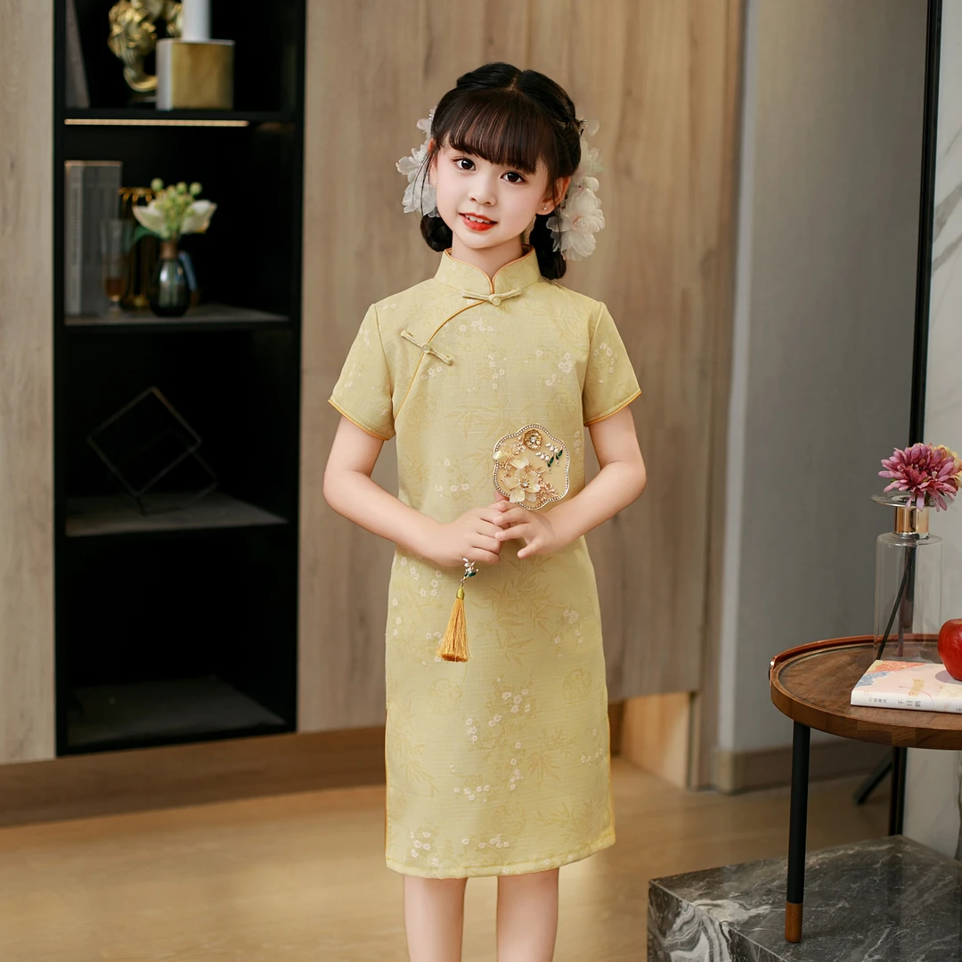 中式女童旗袍2025新款夏季复古中国风连衣裙小女孩儿童洋气公主裙