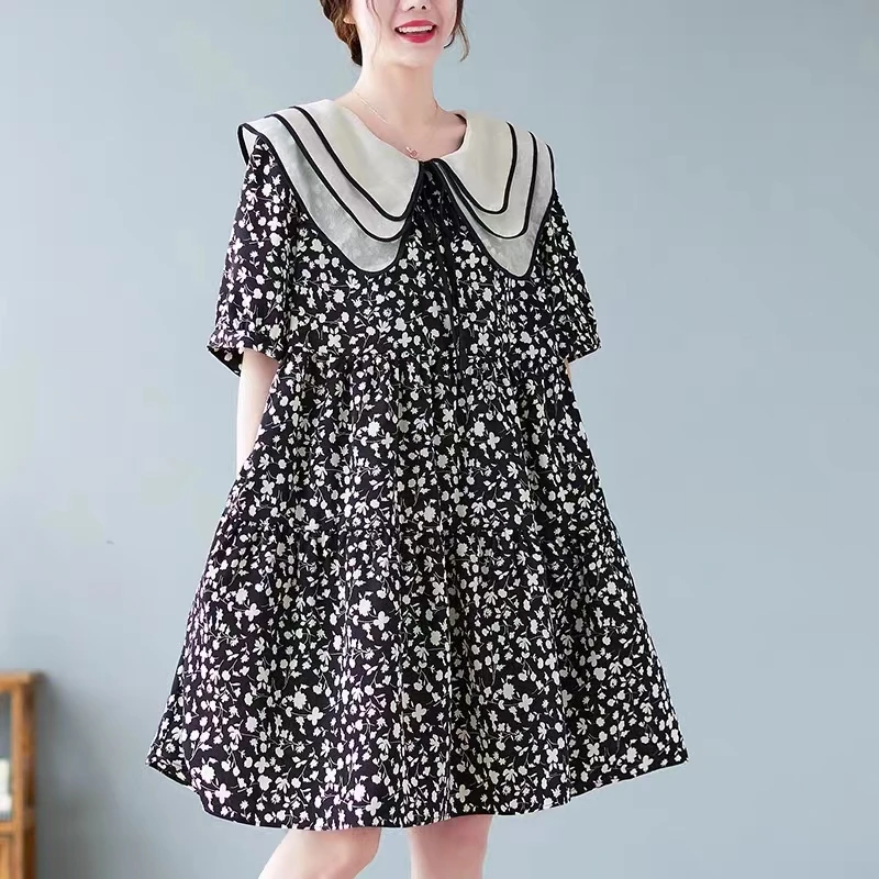 碎花连衣裙女夏季新款款式娃娃领宽松显瘦a字裙 1618