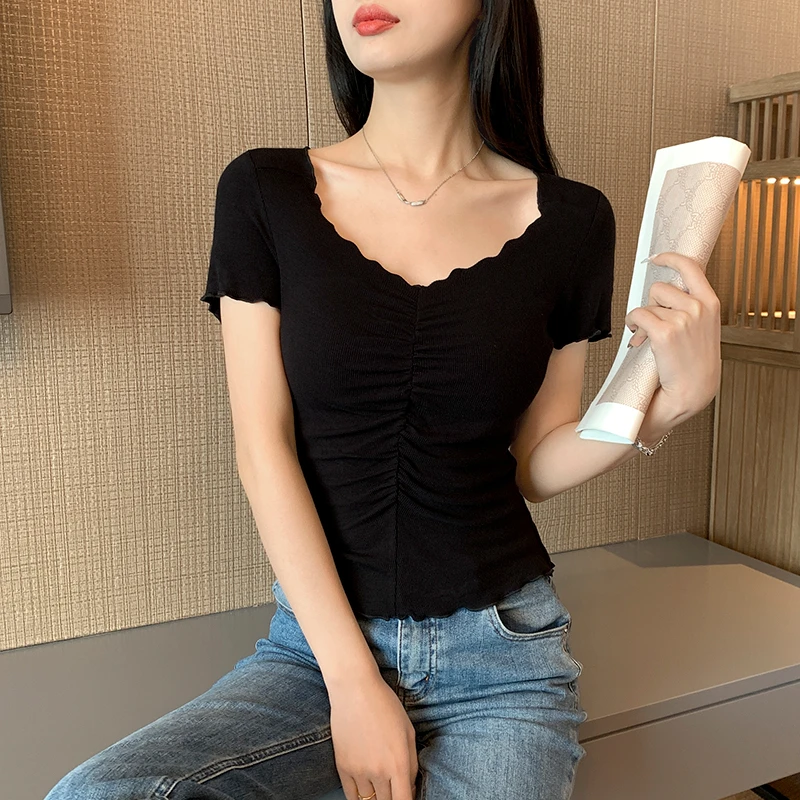 设计感褶皱v领正肩短袖夏季女高腰小众修身纯欲波浪边甜美短袖