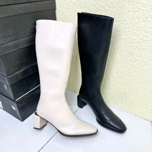 211百搭女士高跟方头骑士尖头长靴女靴女鞋时装靴长筒白色粗跟