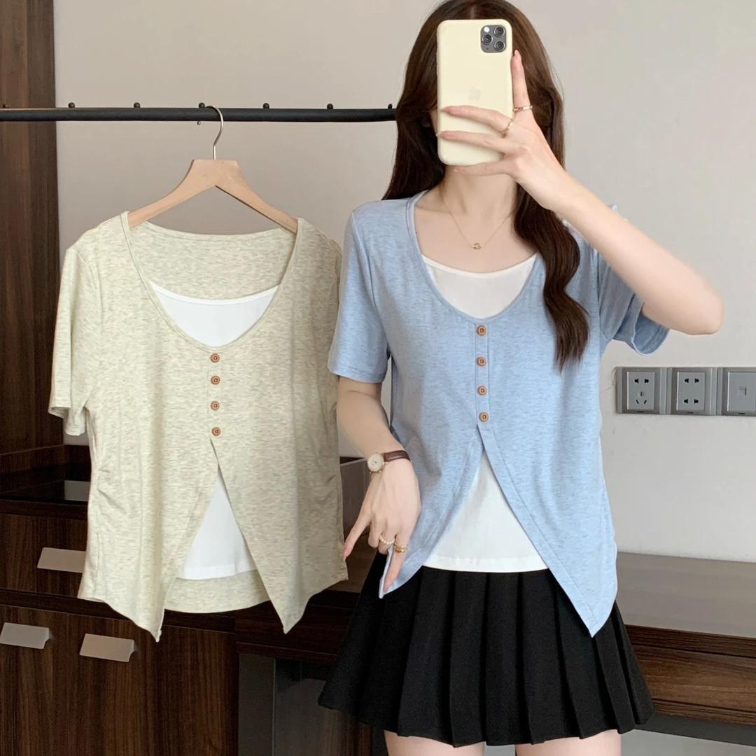 撞色拼接假两件不规则短袖正肩t恤显瘦遮肚子胖mm大码夏季上衣女