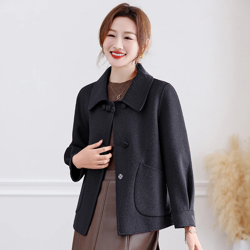 高端双面零羊绒大衣女短款小个子妈妈装秋冬新款中老年羊毛呢外套