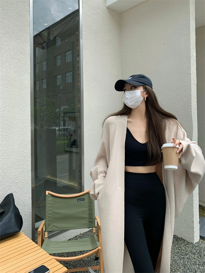 韩版清冷气质穿搭宽松慵懒长款针织外穿保暖开衫外套毛衣#66926