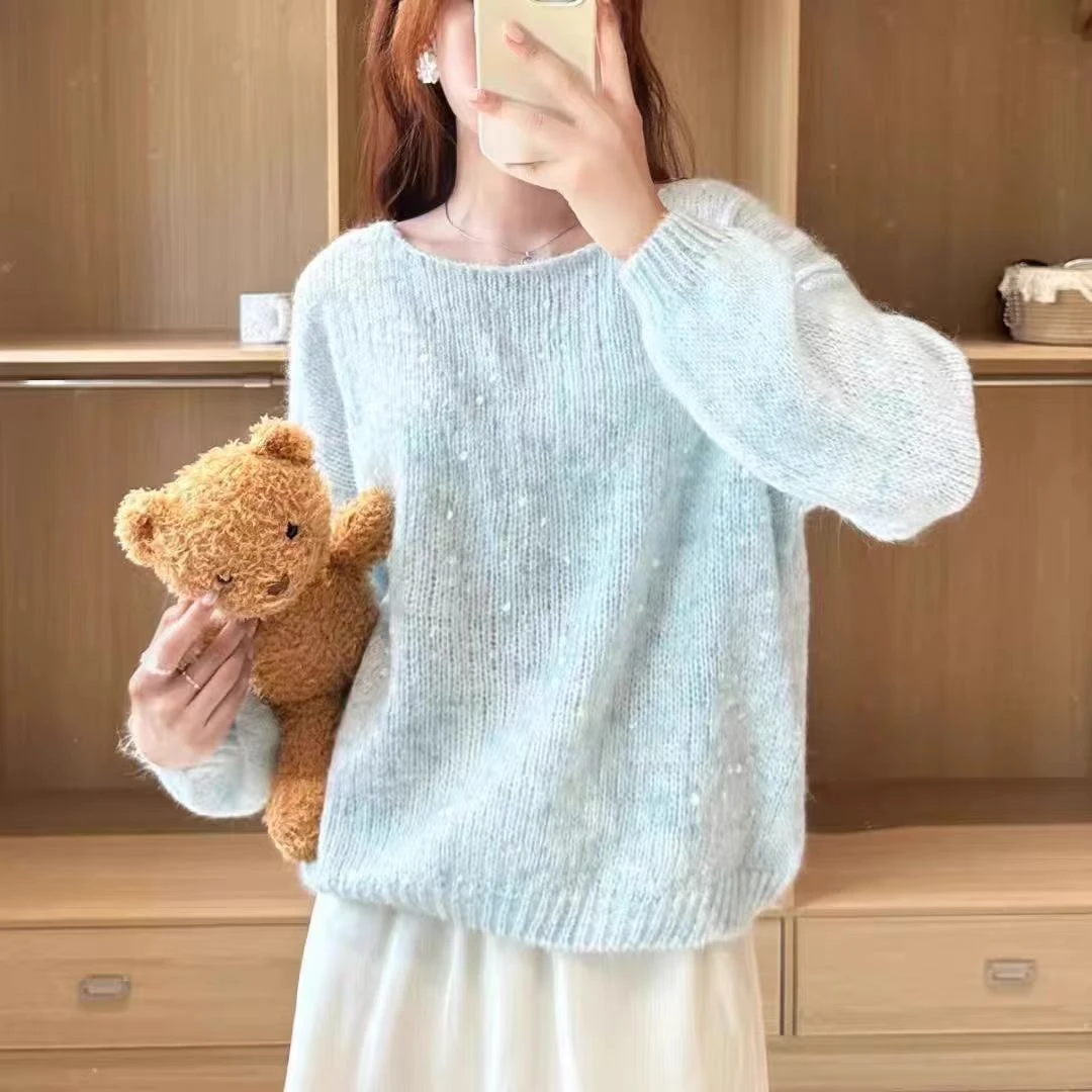 衣源88018#亮片长袖针织衫女秋季毛衣新款慵懒风宽松上衣(长约55）