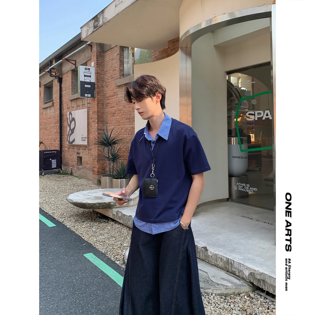 【ONEARTS】短袖polo衫男夏季格子翻领格子假两件宽松美式半袖