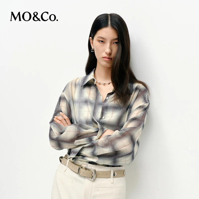 MOCO衬衫2025春新品洗旧渐变格纹泼墨斑驳印花宽松棉质MBE1SHT021