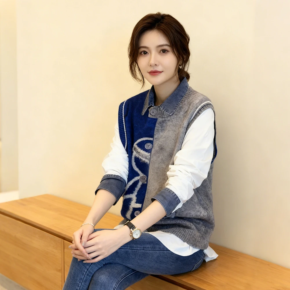 春秋新款宽松减龄休闲拼色卡通马甲+牛仔拼接洋气显瘦衬衫两件套