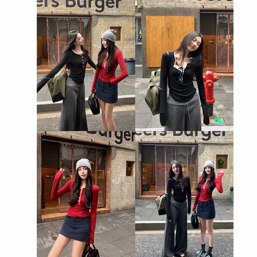 【Y.JIA 伊嘉】复古撞色半开领设计感收褶修身长袖T恤  9503