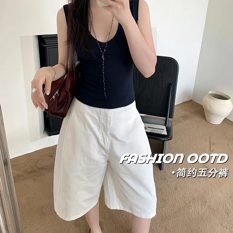 【100纯棉】自制复古工装立体裁剪五分裤基础款宽松短裤女