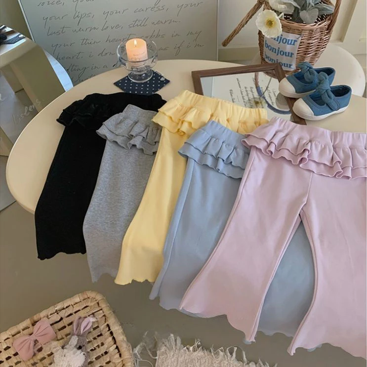 女童喇叭裤童装2025新款夏季宝宝韩版双层花边纯色韩版休闲长裤