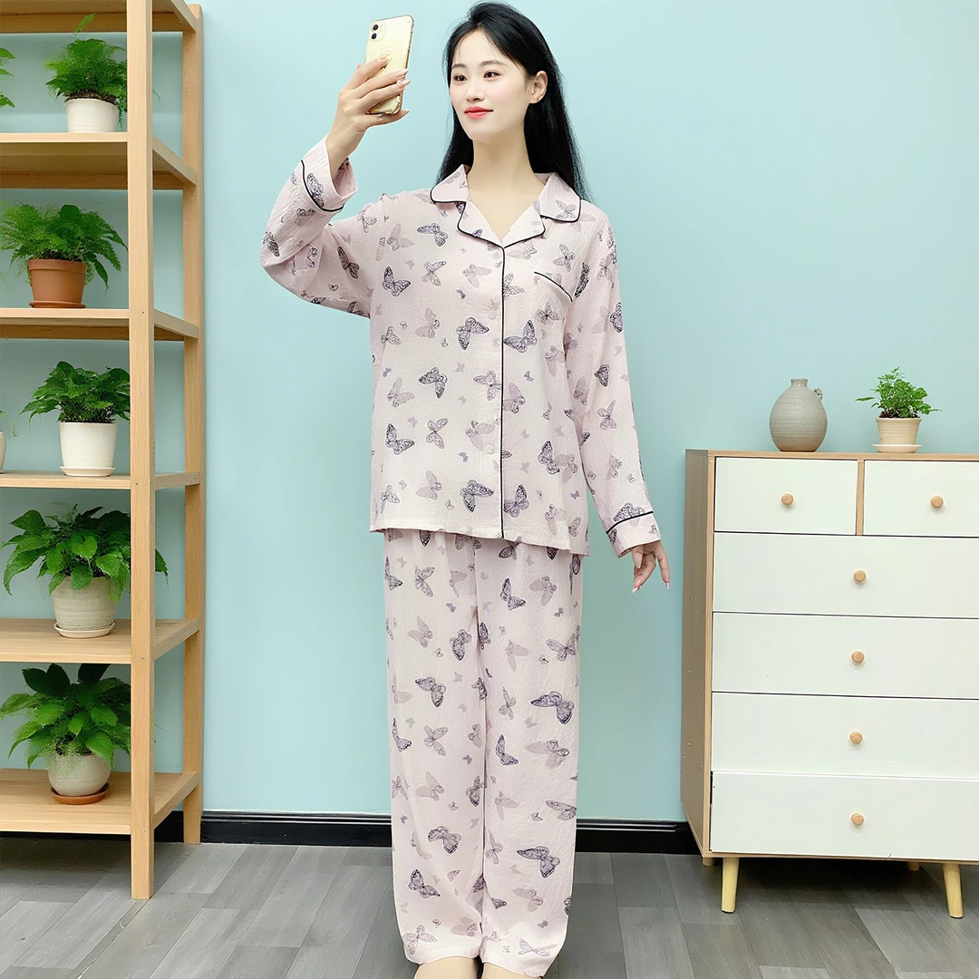 长袖翻领睡衣女春秋夏季云朵棉简约不带胸垫可外穿家居服套装Y170