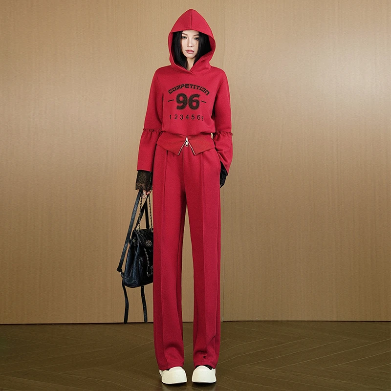 2025秋冬新款时尚休闲套装洋气减龄红色拼接抬头卫衣阔腿裤两件套