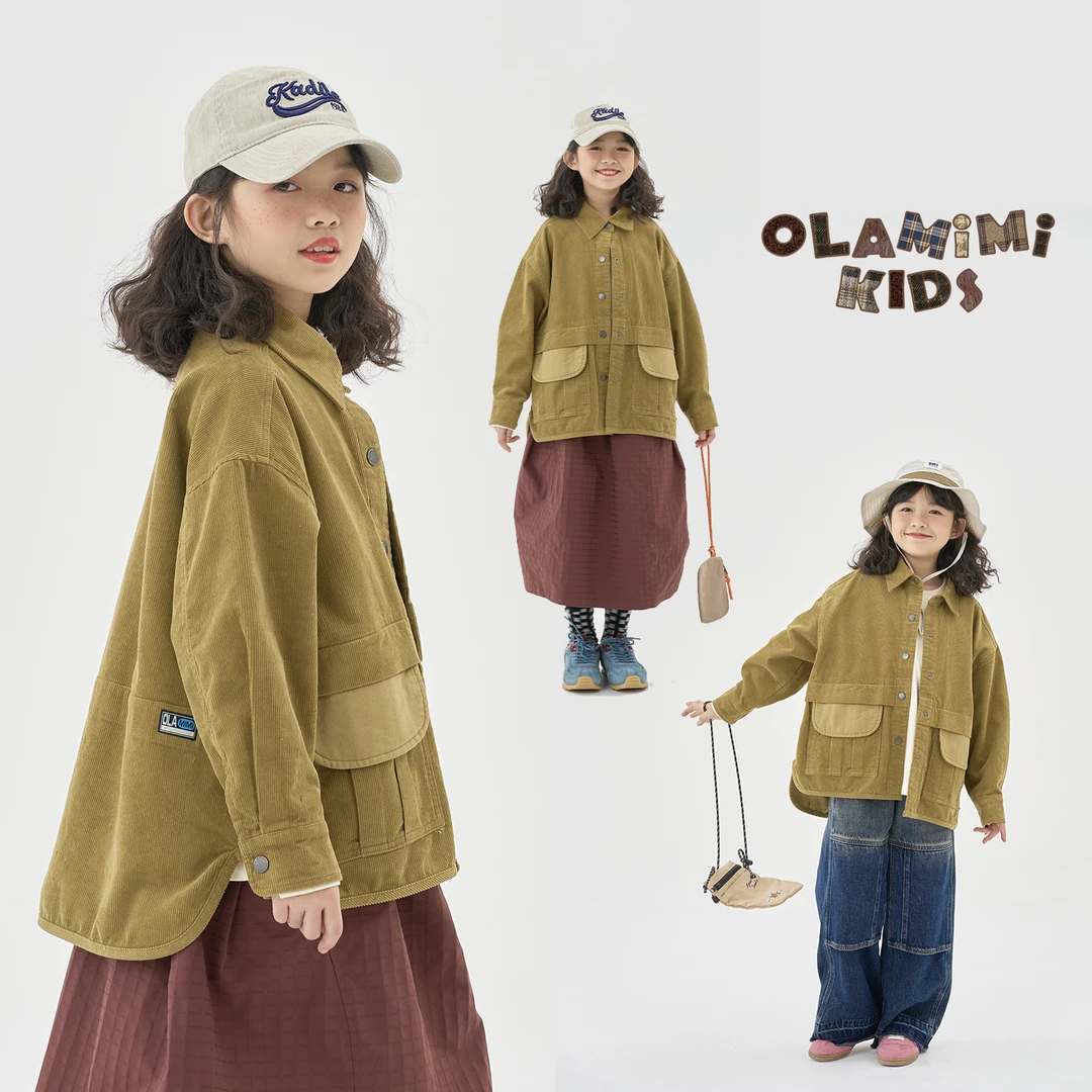 OLAMIMI定制2025春 亲子中性复古灯芯绒工装个性翻领休闲衬衫外套