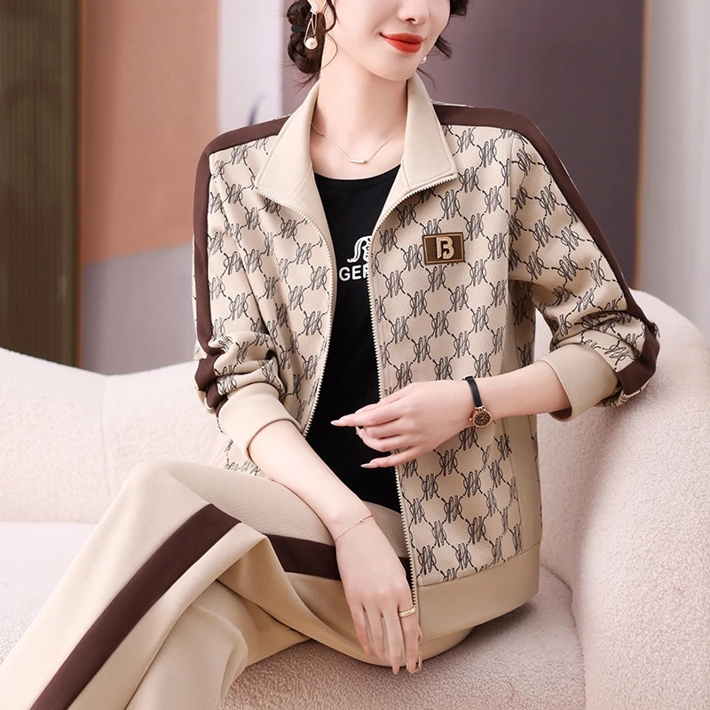 罗蒙中年妈妈春秋套装洋气外套中老年运动服女新款大码休闲三件套