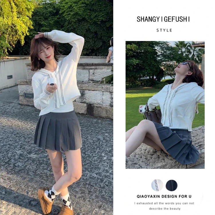 学院风海军领针织上衣灰色百褶裙两件套2025秋季女装减龄时尚套装