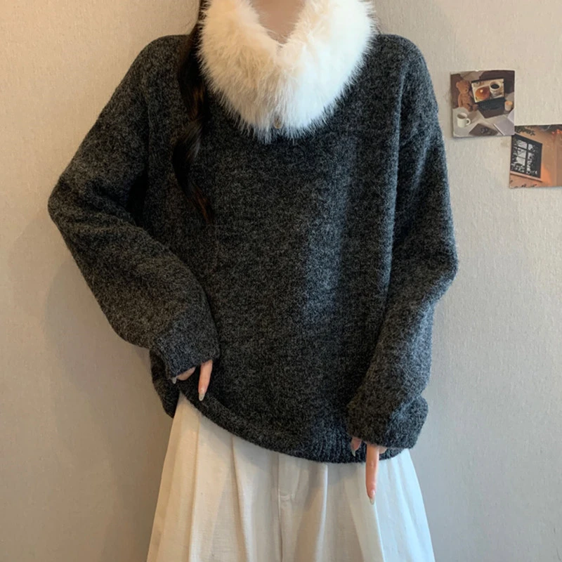 大码女装毛毛领圣诞红色圆领毛衣女胖MM慵懒风内搭可外穿毛衫上衣