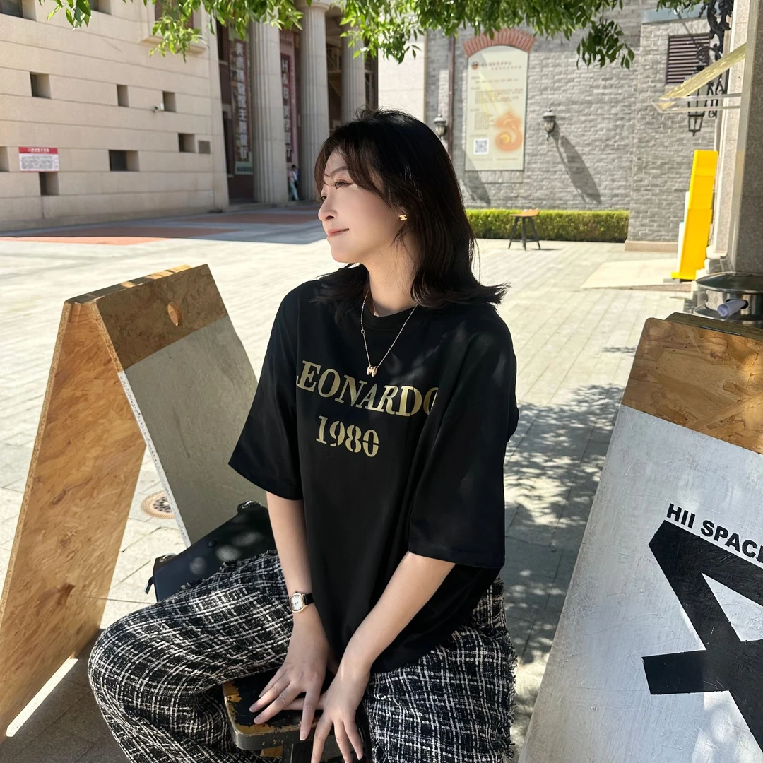 全棉休闲百搭通勤宽松字母T恤
