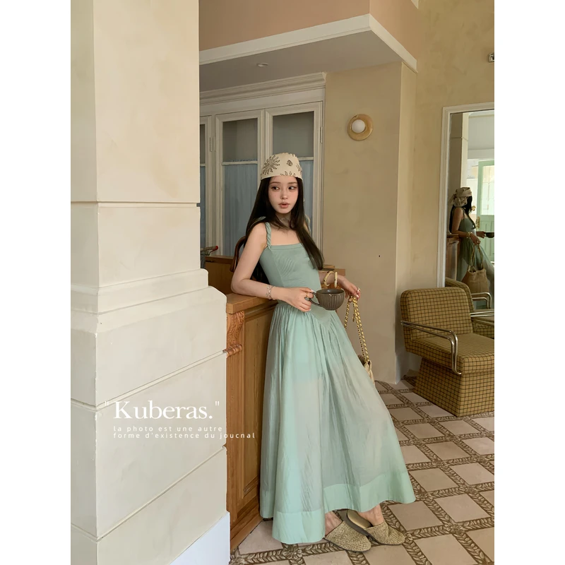 KUBERAS 螺纹针织拼接小众收腰方领吊带连衣裙气质A字长裙背心裙