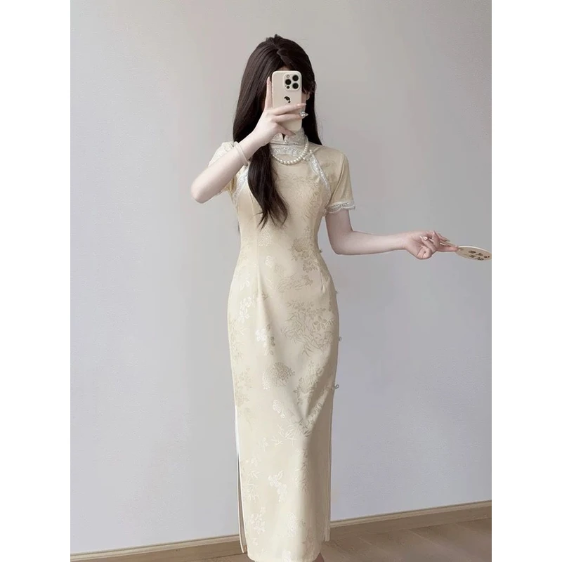 鹅黄色旗袍女显白短袖夏季2025新款新中式年轻款修身民国风连衣裙