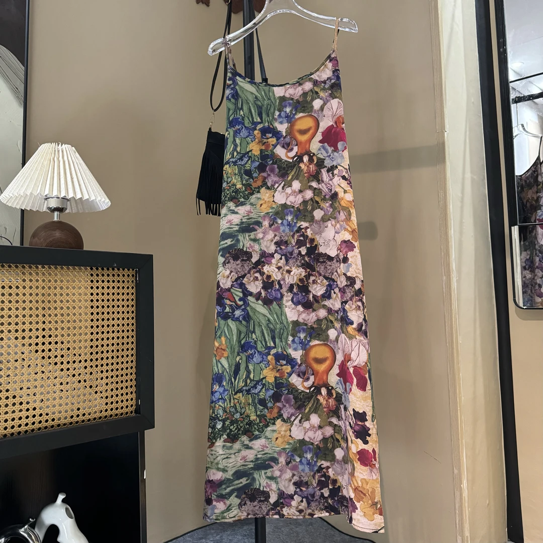 夏季绝美别致油画连衣裙女法式气质吊带裙