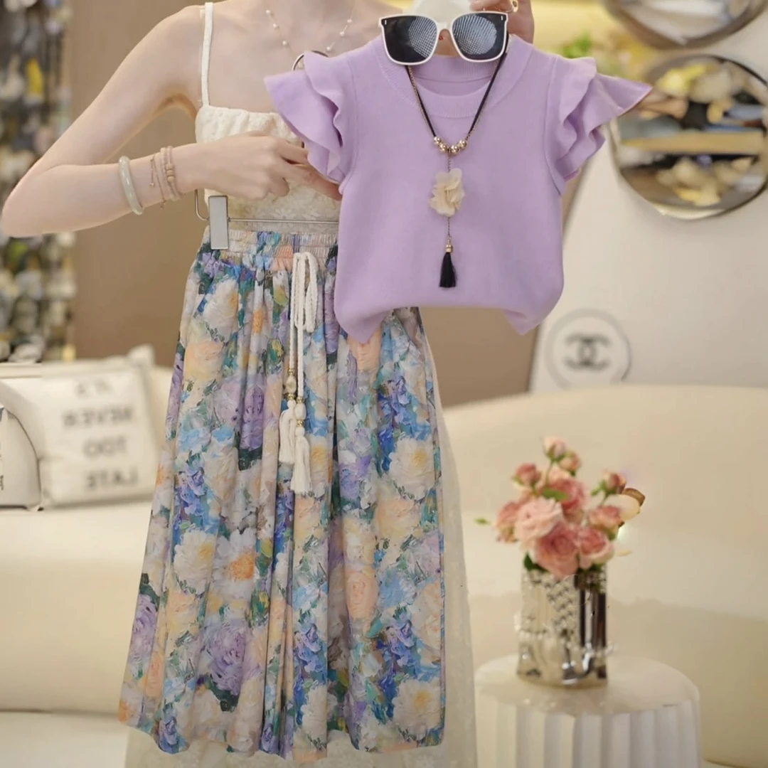 女童套装夏装2025新款爆款儿童洋气女大童雪纺冰丝阔腿裤短袖T恤