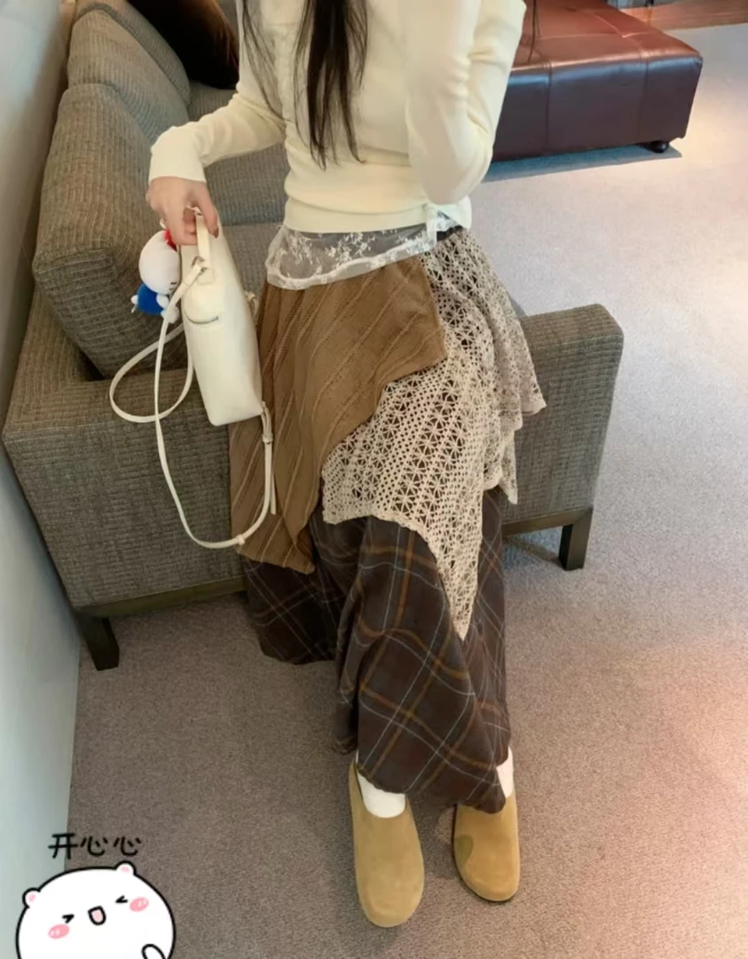 （F0062）新款复古半身裙女不规则a字格子蕾丝拼接高腰显瘦