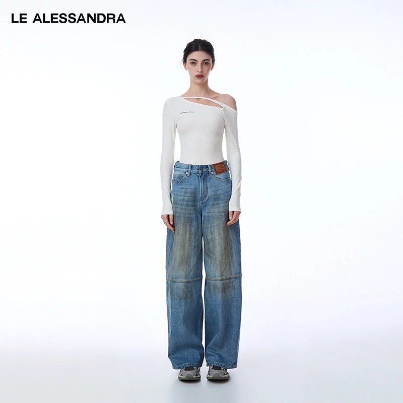 品牌直营 LE ALESSANDRA 秋冬羊毛露肩不规则长袖斜肩上衣打底衫